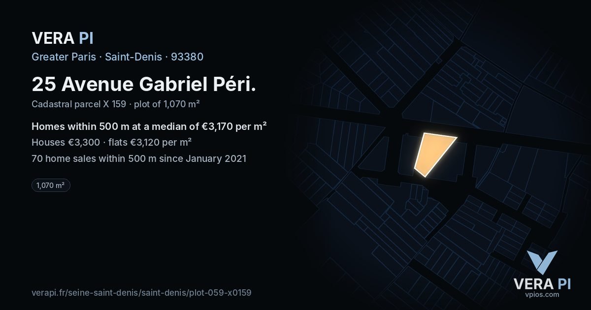 25 Avenue Gabriel Péri, Saint-Denis at night – the plot lit, the parcels around coloured by the prices near them
