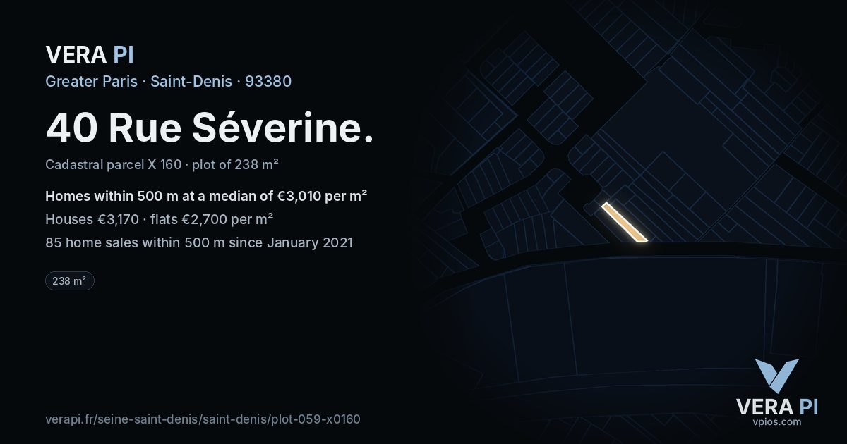 40 Rue Séverine, Saint-Denis at night – the plot lit, the parcels around coloured by the prices near them