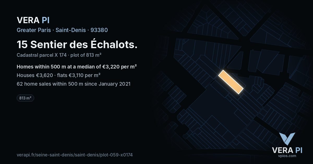 15 Sentier des Échalots, Saint-Denis at night – the plot lit, the parcels around coloured by the prices near them