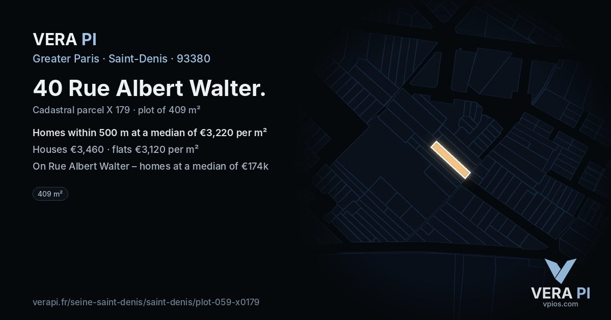 40 Rue Albert Walter, Saint-Denis at night – the plot lit, the parcels around coloured by the prices near them