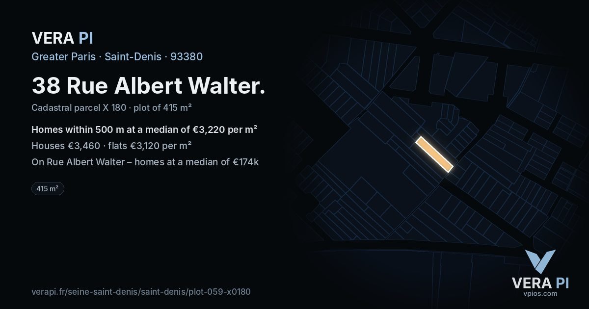 38 Rue Albert Walter, Saint-Denis at night – the plot lit, the parcels around coloured by the prices near them