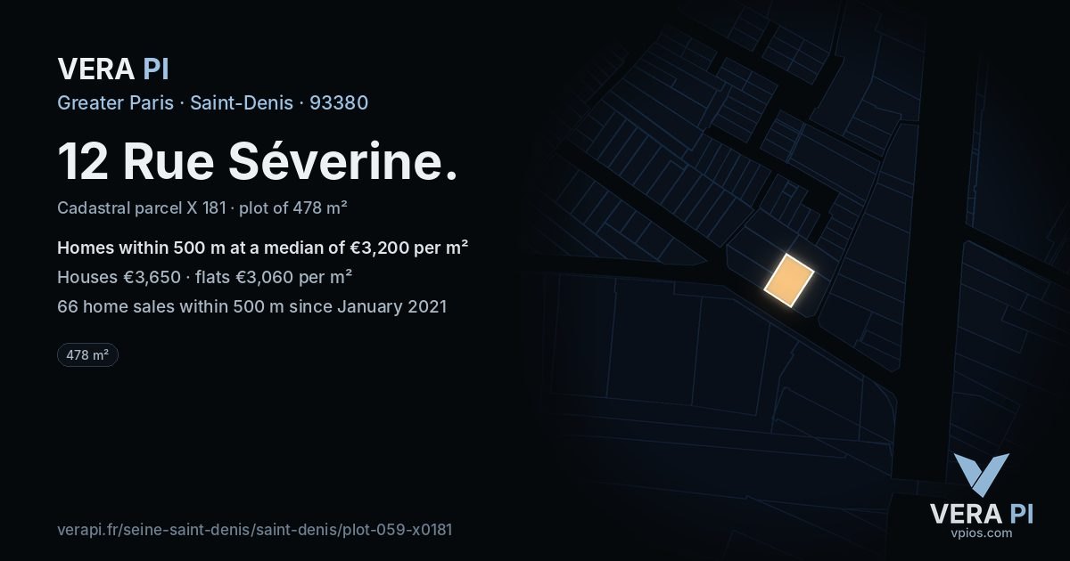 12 Rue Séverine, Saint-Denis at night – the plot lit, the parcels around coloured by the prices near them
