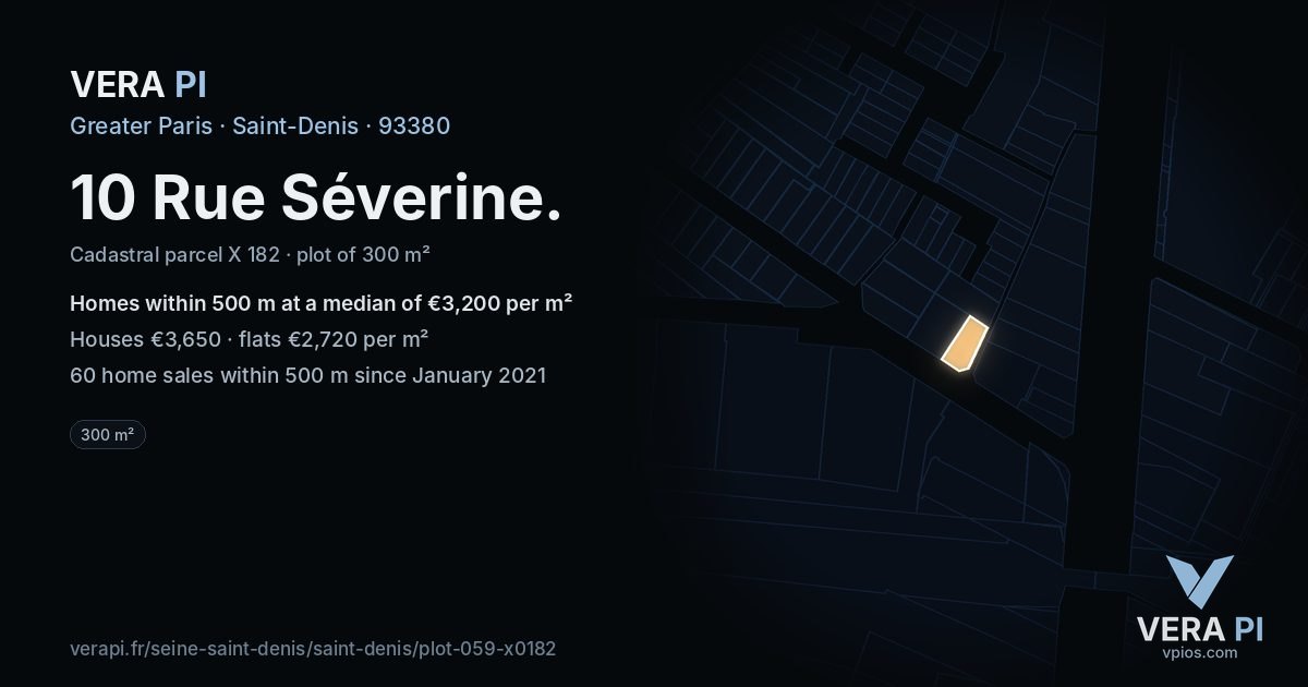 10 Rue Séverine, Saint-Denis at night – the plot lit, the parcels around coloured by the prices near them