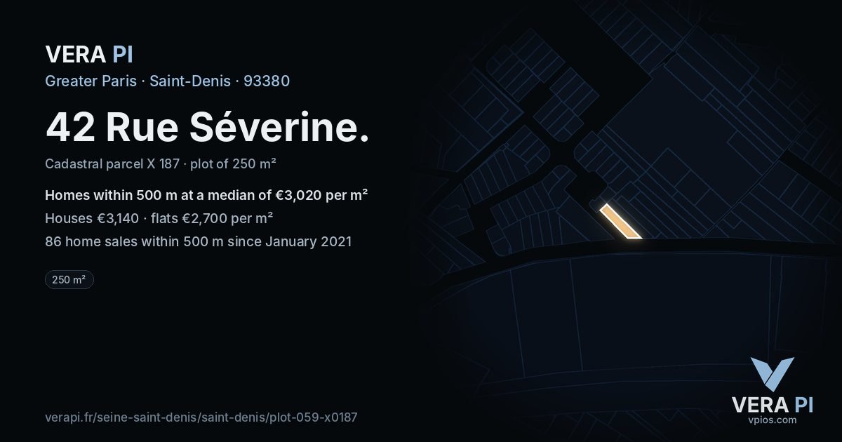 42 Rue Séverine, Saint-Denis at night – the plot lit, the parcels around coloured by the prices near them
