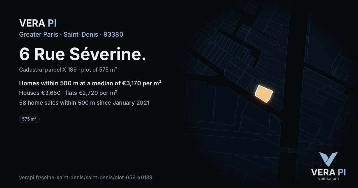 6 Rue Séverine, Saint-Denis at night – the plot lit, the parcels around coloured by the prices near them