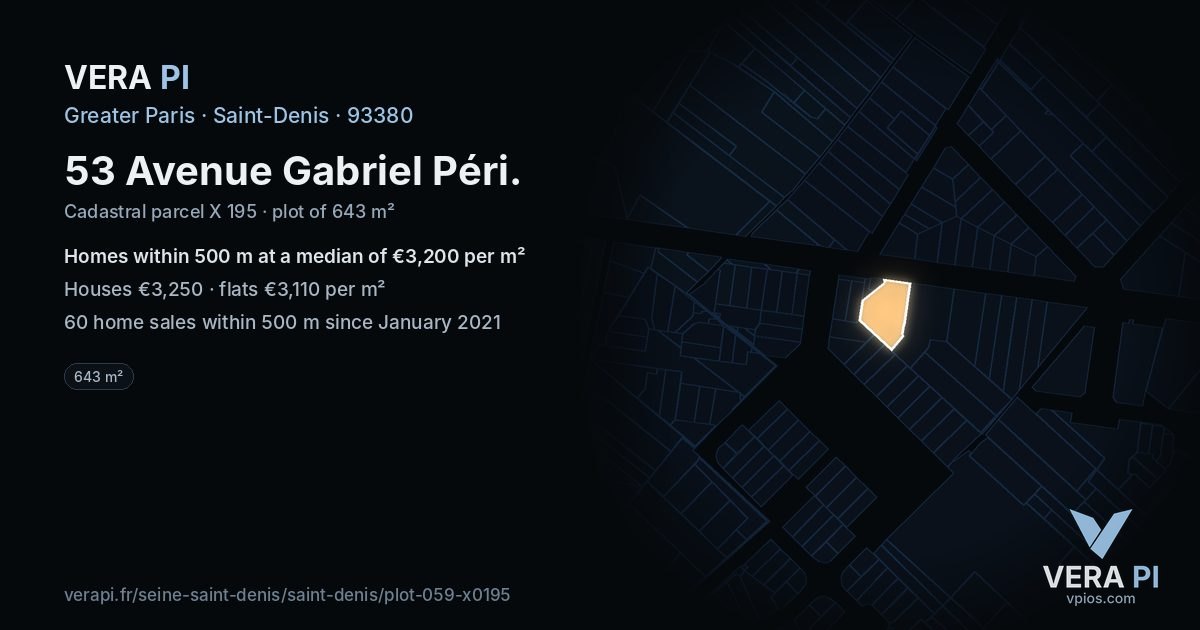 53 Avenue Gabriel Péri, Saint-Denis at night – the plot lit, the parcels around coloured by the prices near them