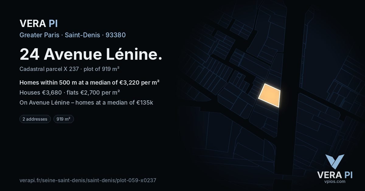 24 Avenue Lénine, Saint-Denis at night – the plot lit, the parcels around coloured by the prices near them