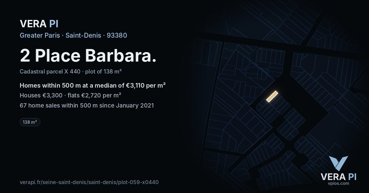2 Place Barbara, Saint-Denis at night – the plot lit, the parcels around coloured by the prices near them