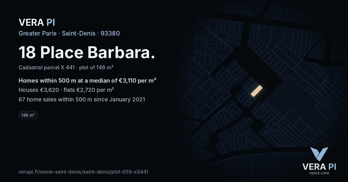 18 Place Barbara, Saint-Denis at night – the plot lit, the parcels around coloured by the prices near them