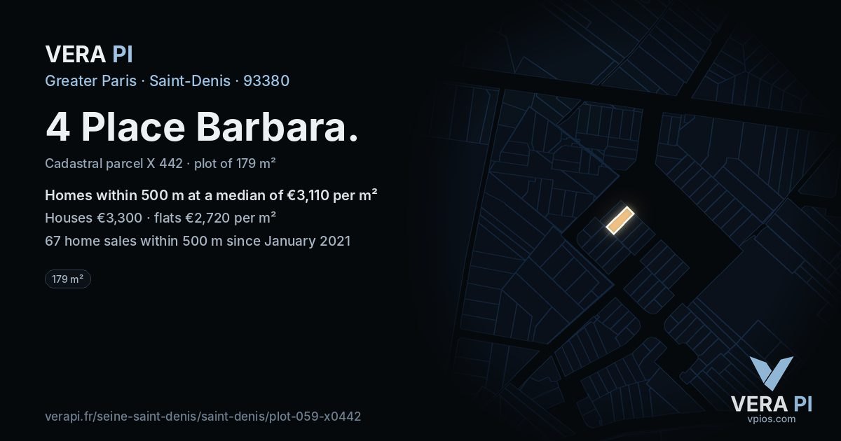 4 Place Barbara, Saint-Denis at night – the plot lit, the parcels around coloured by the prices near them