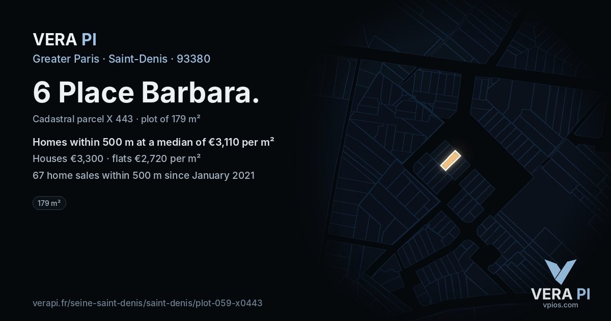 6 Place Barbara, Saint-Denis at night – the plot lit, the parcels around coloured by the prices near them