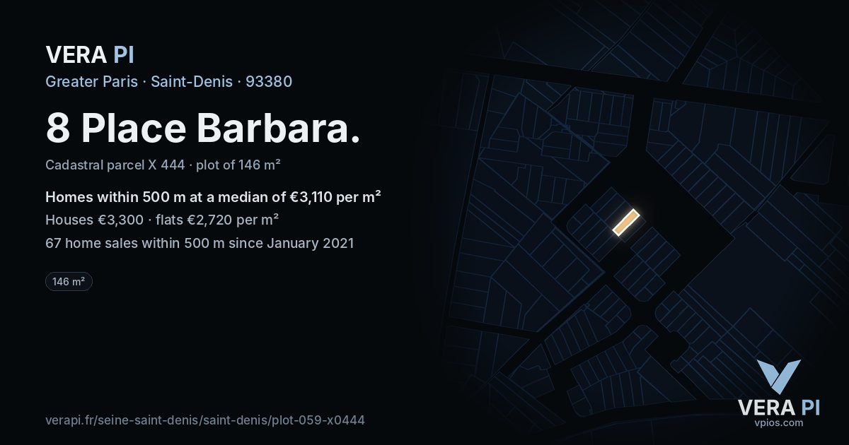 8 Place Barbara, Saint-Denis at night – the plot lit, the parcels around coloured by the prices near them