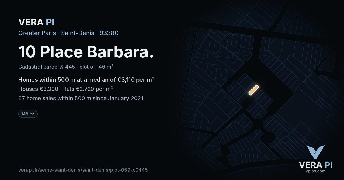 10 Place Barbara, Saint-Denis at night – the plot lit, the parcels around coloured by the prices near them