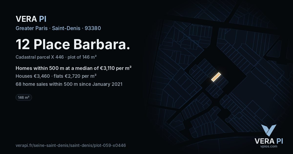 12 Place Barbara, Saint-Denis at night – the plot lit, the parcels around coloured by the prices near them