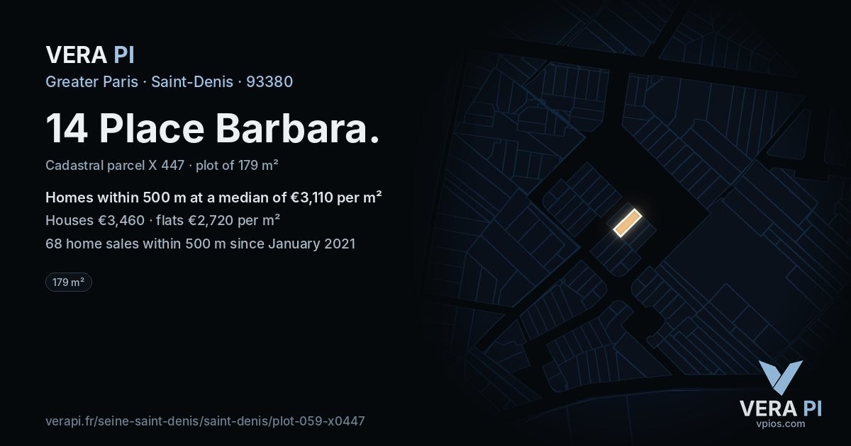 14 Place Barbara, Saint-Denis at night – the plot lit, the parcels around coloured by the prices near them