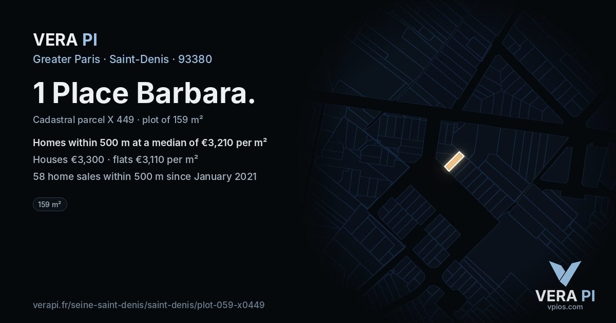 1 Place Barbara, Saint-Denis at night – the plot lit, the parcels around coloured by the prices near them