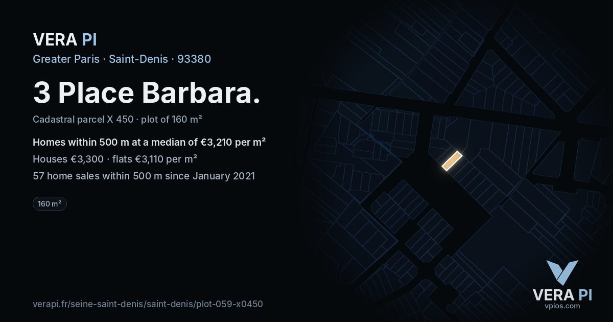 3 Place Barbara, Saint-Denis at night – the plot lit, the parcels around coloured by the prices near them