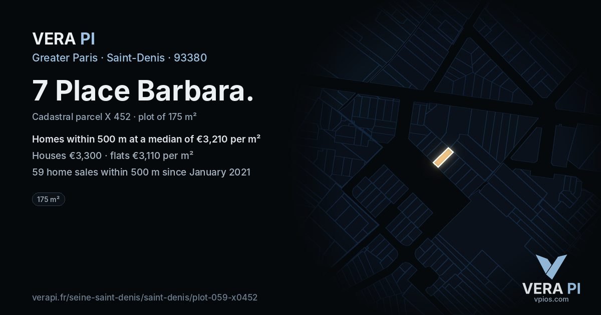 7 Place Barbara, Saint-Denis at night – the plot lit, the parcels around coloured by the prices near them