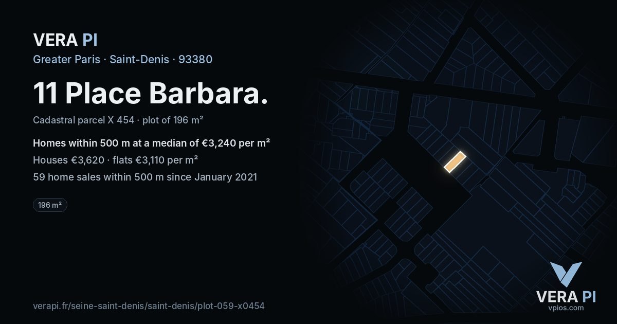 11 Place Barbara, Saint-Denis at night – the plot lit, the parcels around coloured by the prices near them