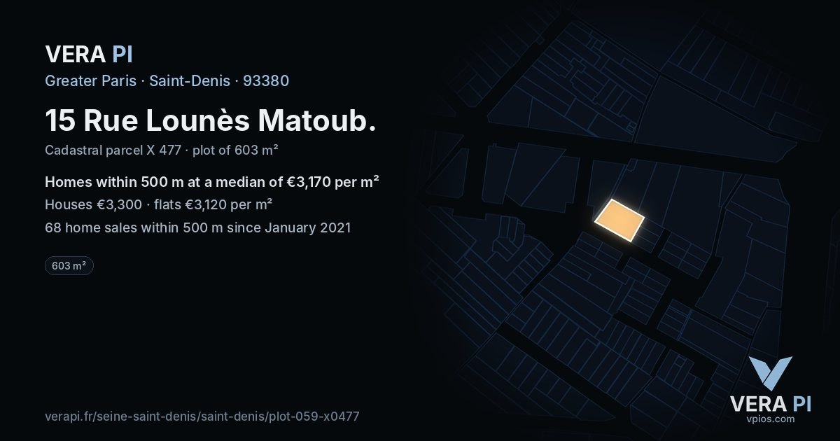 15 Rue Lounès Matoub, Saint-Denis at night – the plot lit, the parcels around coloured by the prices near them