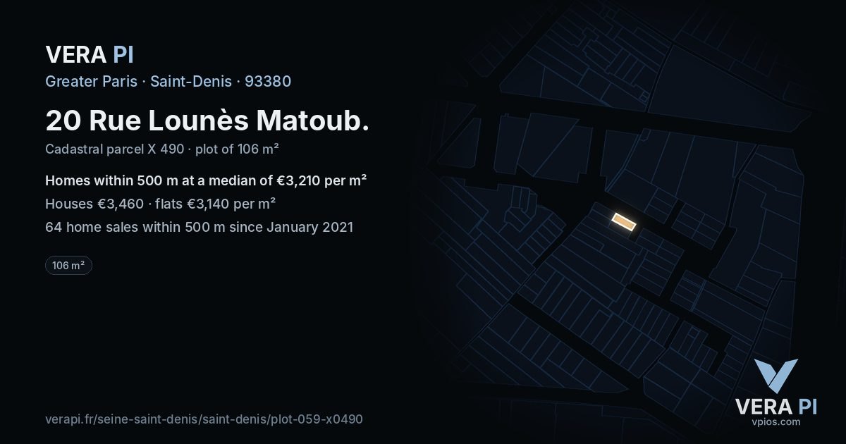 20 Rue Lounès Matoub, Saint-Denis at night – the plot lit, the parcels around coloured by the prices near them