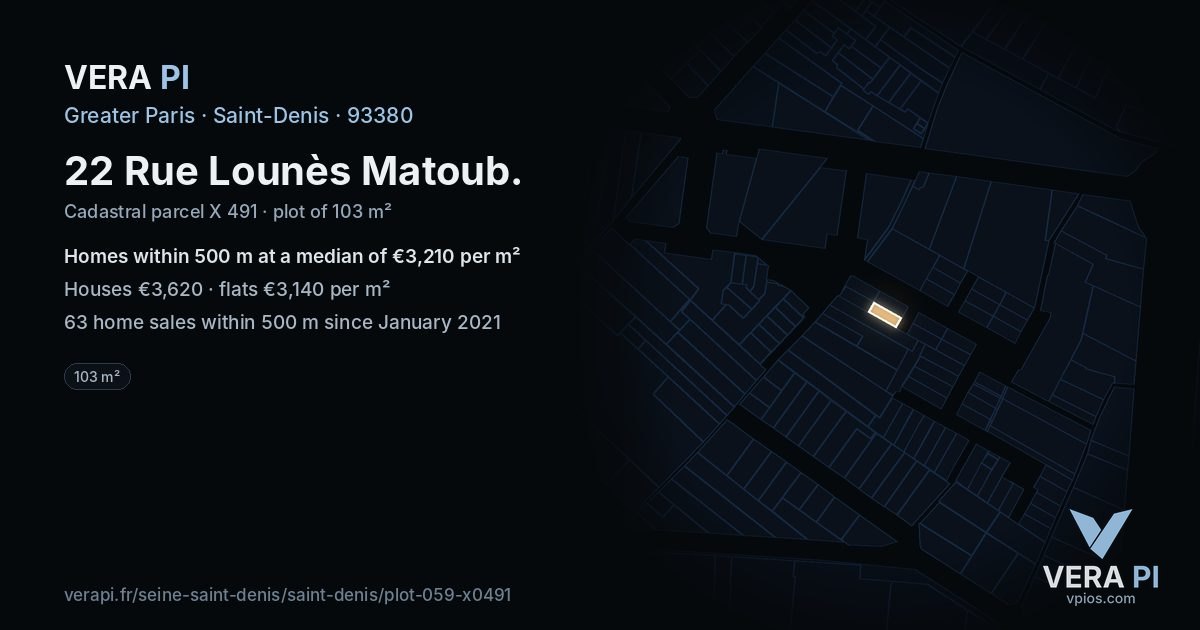 22 Rue Lounès Matoub, Saint-Denis at night – the plot lit, the parcels around coloured by the prices near them