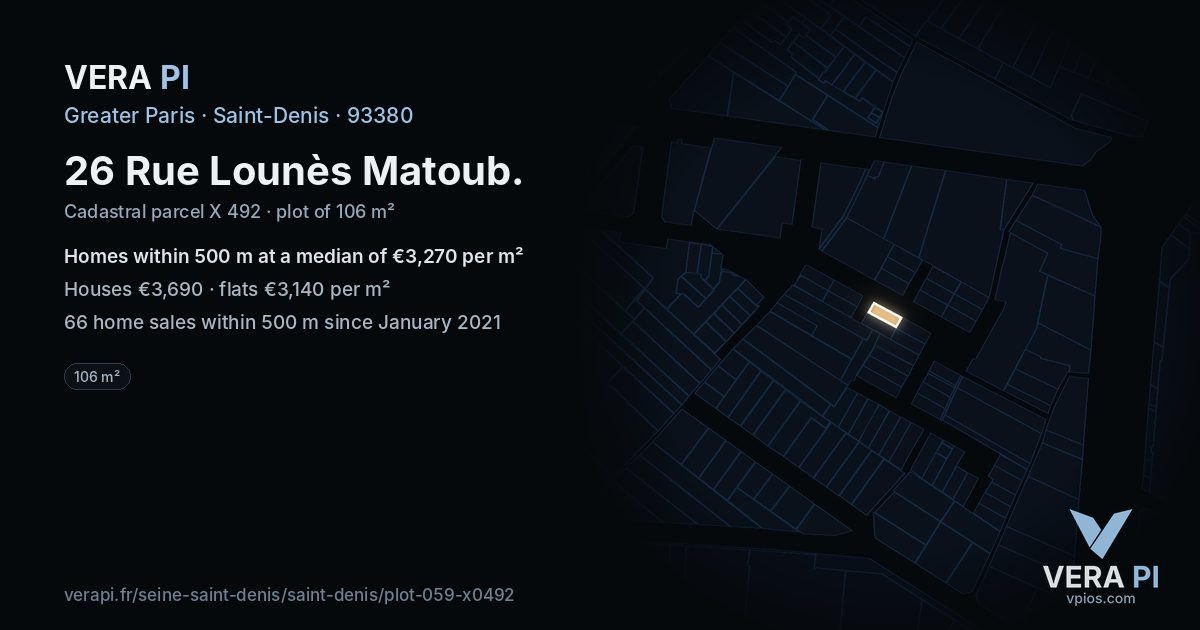 26 Rue Lounès Matoub, Saint-Denis at night – the plot lit, the parcels around coloured by the prices near them