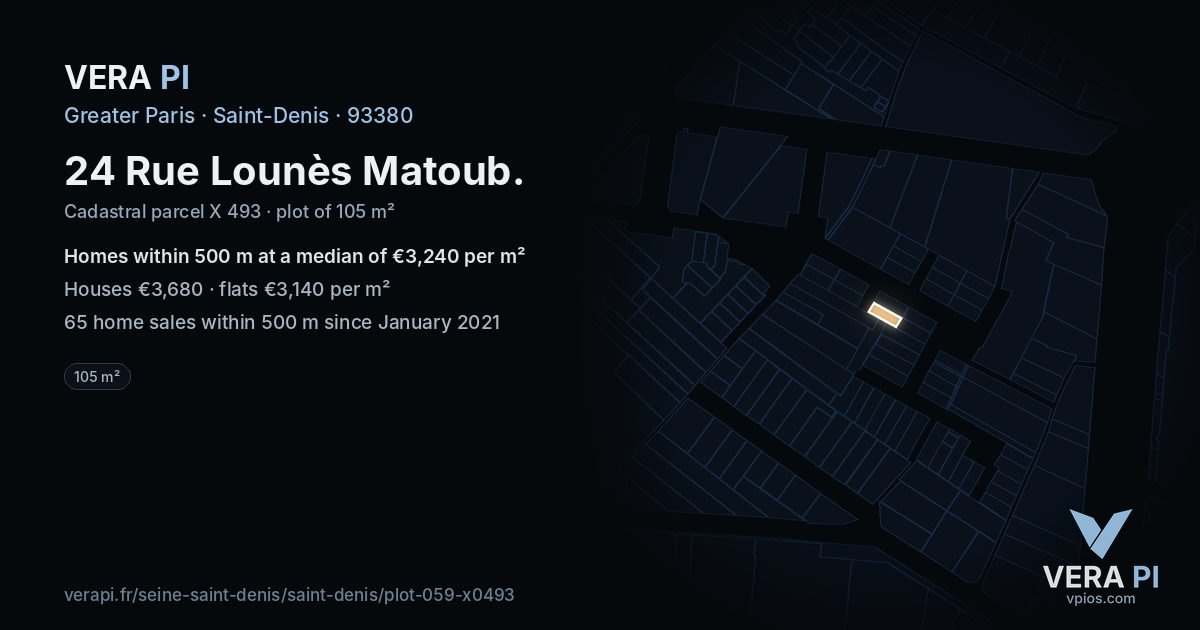 24 Rue Lounès Matoub, Saint-Denis at night – the plot lit, the parcels around coloured by the prices near them