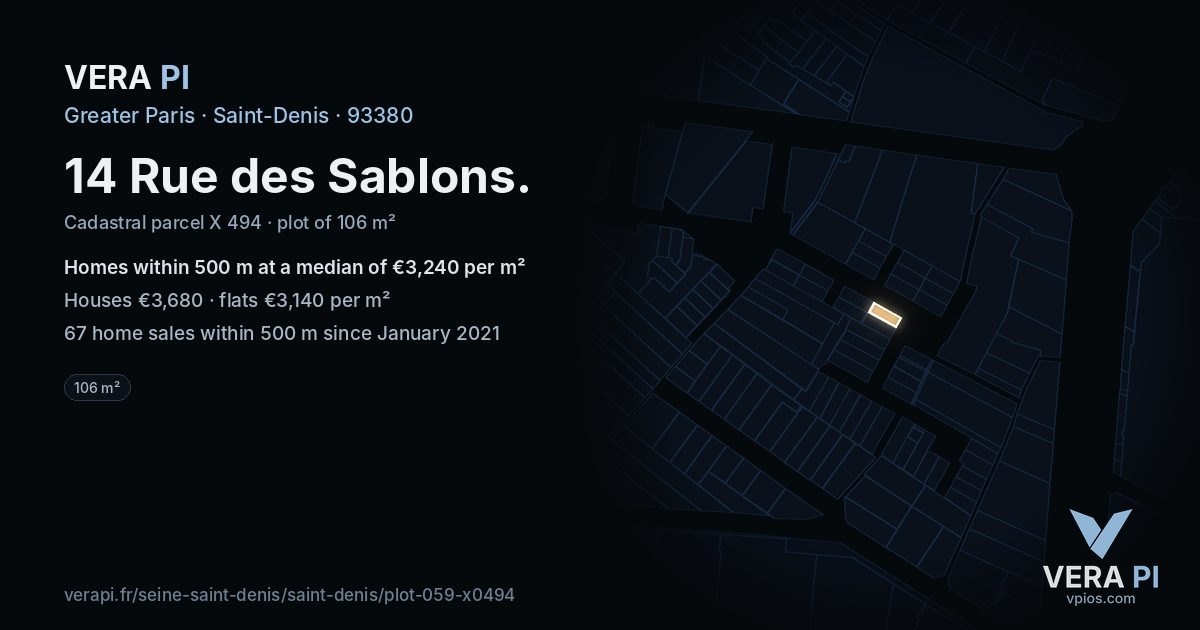 14 Rue des Sablons, Saint-Denis at night – the plot lit, the parcels around coloured by the prices near them