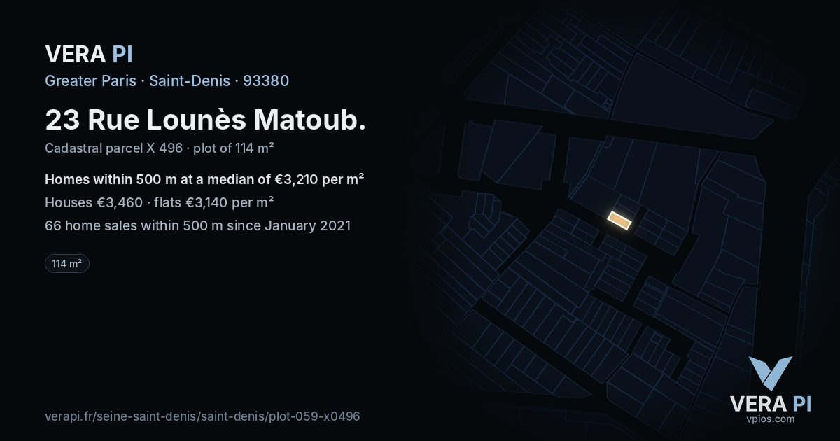 23 Rue Lounès Matoub, Saint-Denis at night – the plot lit, the parcels around coloured by the prices near them