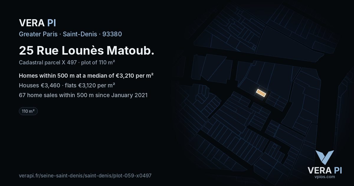25 Rue Lounès Matoub, Saint-Denis at night – the plot lit, the parcels around coloured by the prices near them