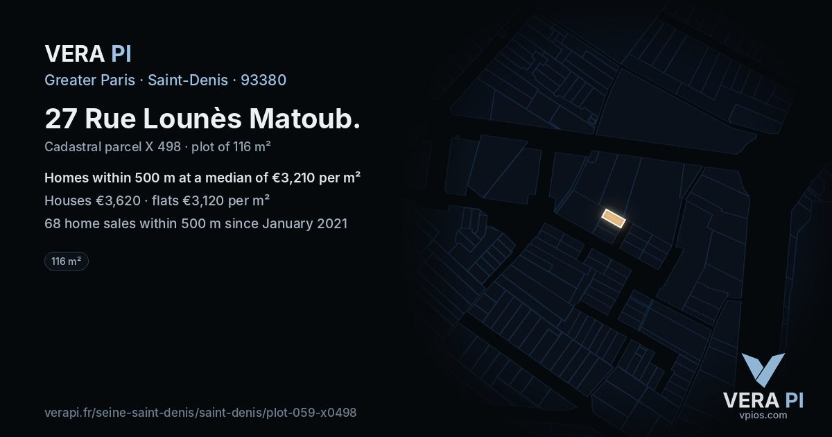 27 Rue Lounès Matoub, Saint-Denis at night – the plot lit, the parcels around coloured by the prices near them