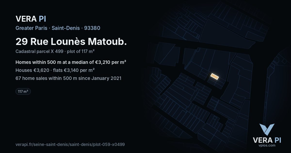 29 Rue Lounès Matoub, Saint-Denis at night – the plot lit, the parcels around coloured by the prices near them