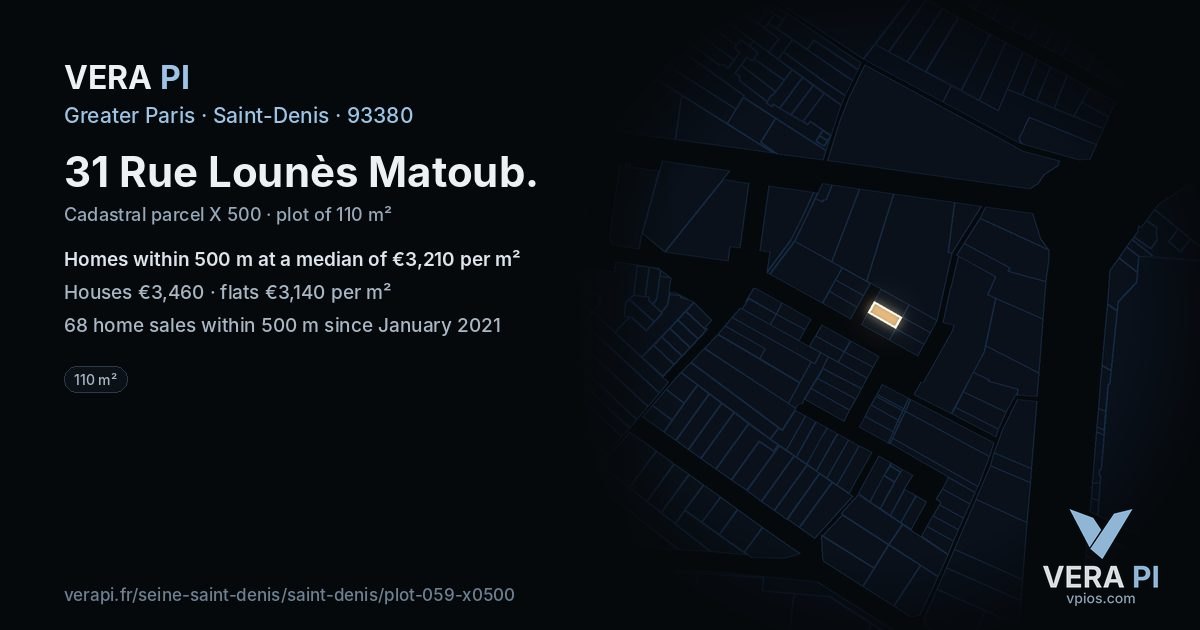 31 Rue Lounès Matoub, Saint-Denis at night – the plot lit, the parcels around coloured by the prices near them