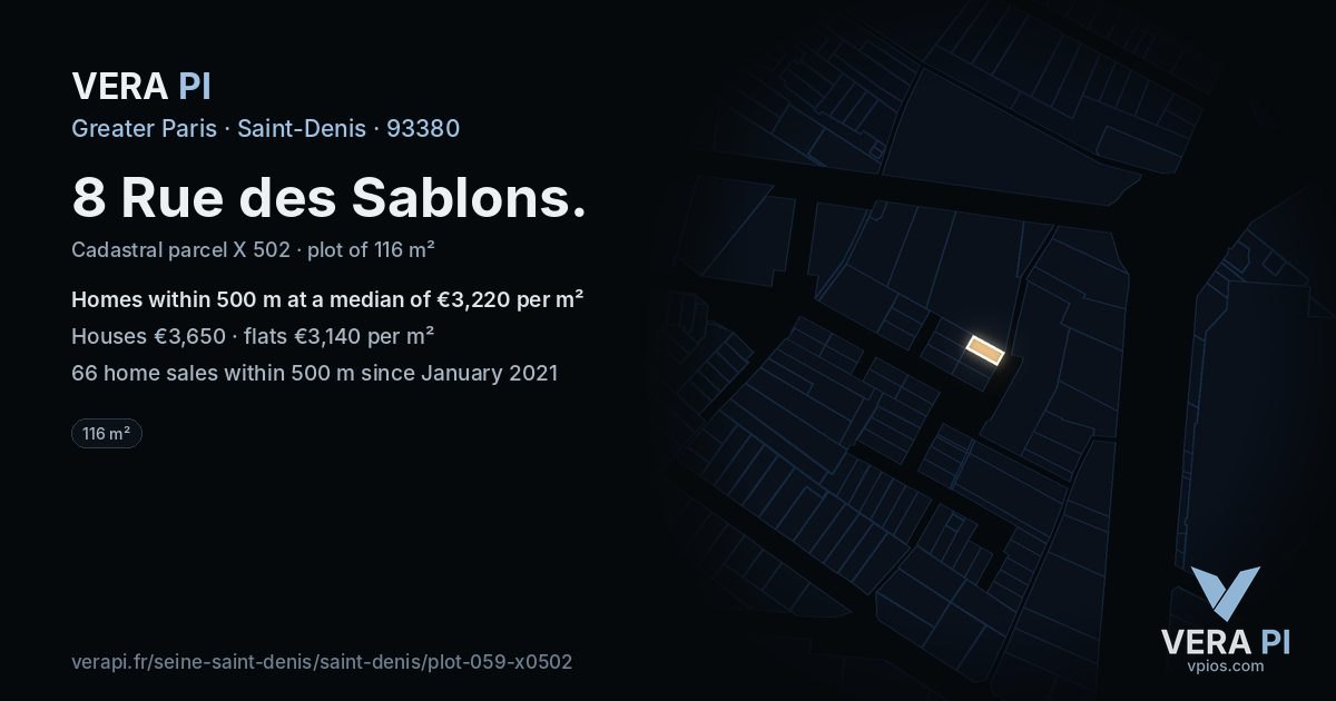 8 Rue des Sablons, Saint-Denis at night – the plot lit, the parcels around coloured by the prices near them