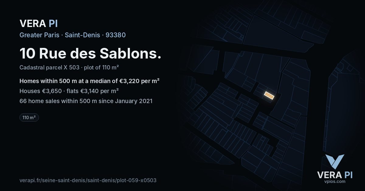 10 Rue des Sablons, Saint-Denis at night – the plot lit, the parcels around coloured by the prices near them