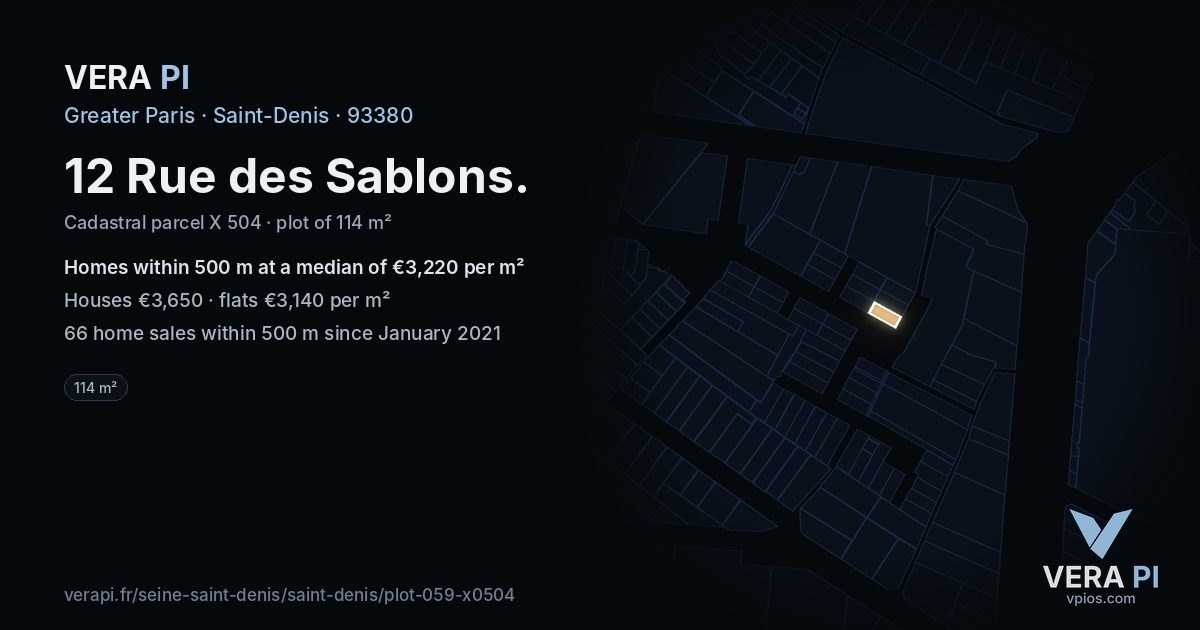 12 Rue des Sablons, Saint-Denis at night – the plot lit, the parcels around coloured by the prices near them