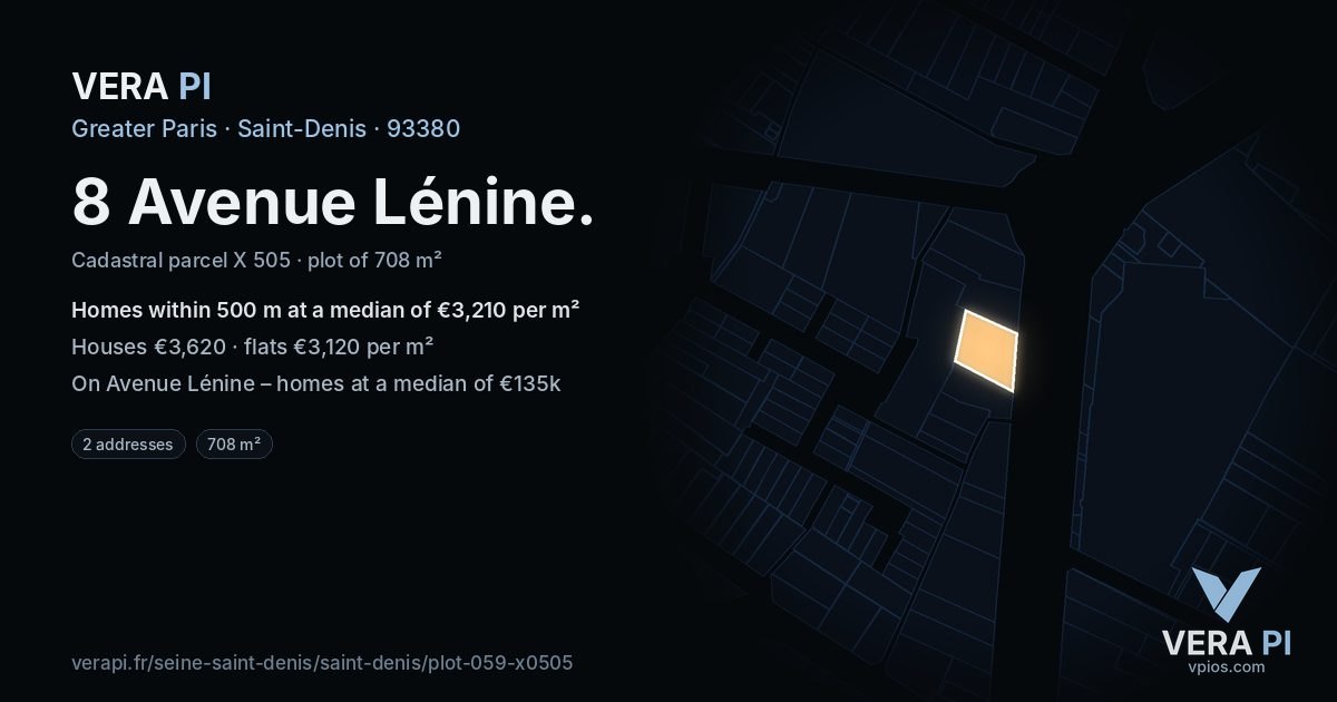 8 Avenue Lénine, Saint-Denis at night – the plot lit, the parcels around coloured by the prices near them