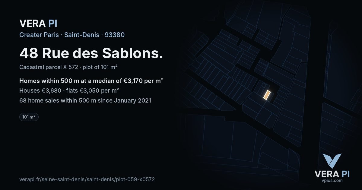 48 Rue des Sablons, Saint-Denis at night – the plot lit, the parcels around coloured by the prices near them