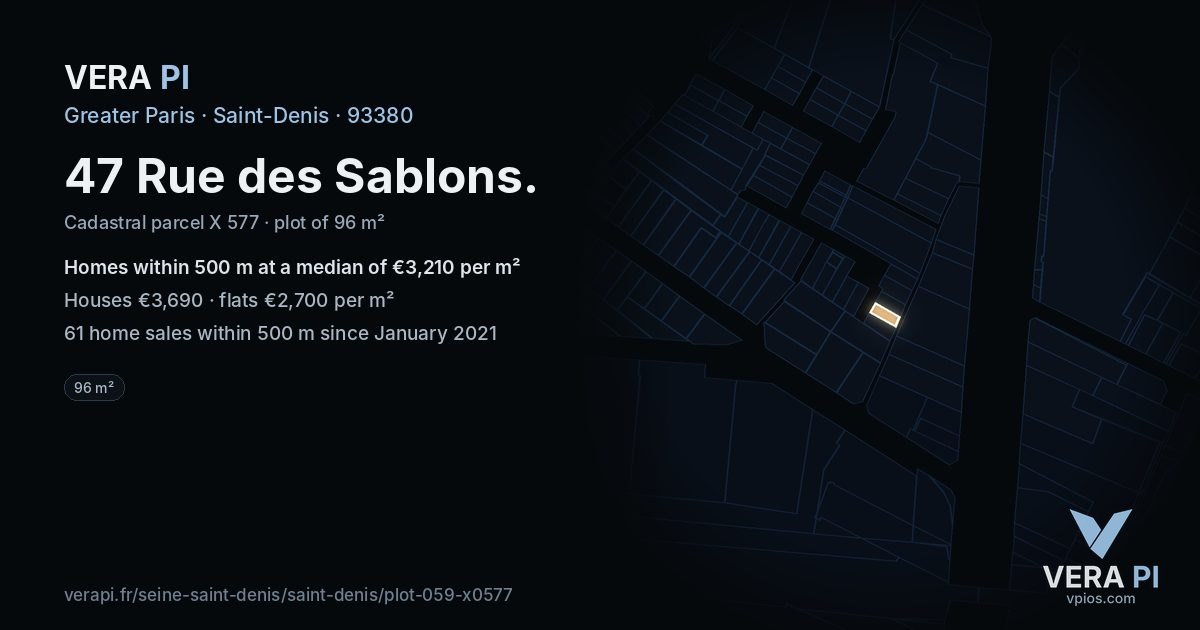 47 Rue des Sablons, Saint-Denis at night – the plot lit, the parcels around coloured by the prices near them