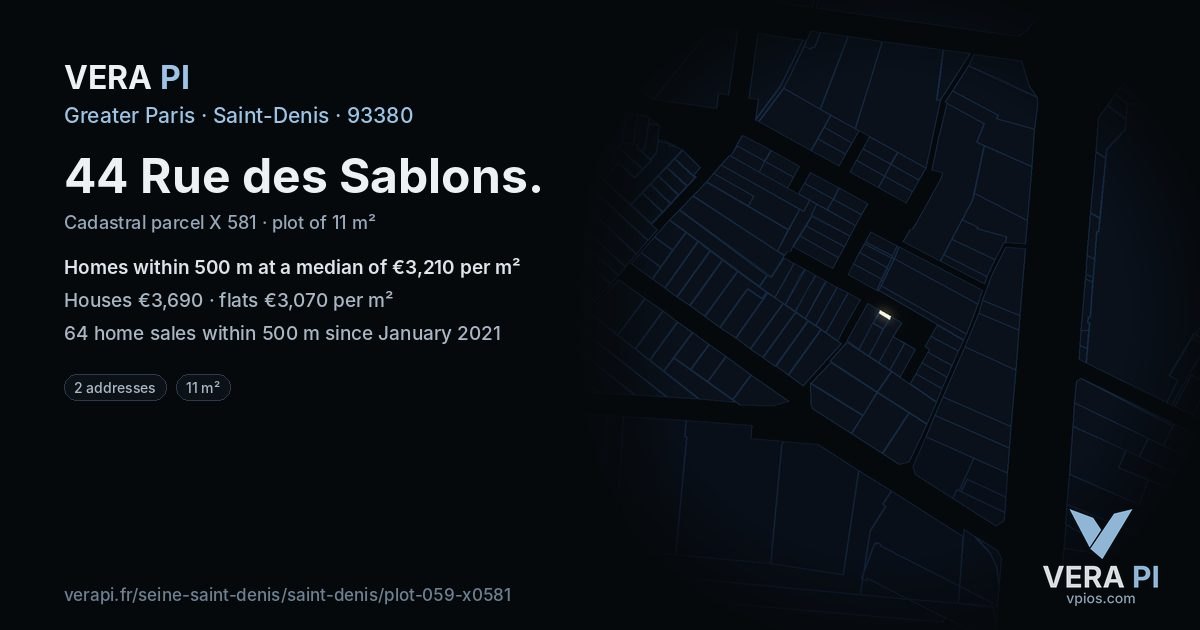 44 Rue des Sablons, Saint-Denis at night – the plot lit, the parcels around coloured by the prices near them