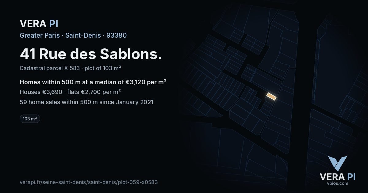 41 Rue des Sablons, Saint-Denis at night – the plot lit, the parcels around coloured by the prices near them