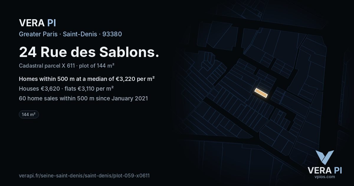 24 Rue des Sablons, Saint-Denis at night – the plot lit, the parcels around coloured by the prices near them