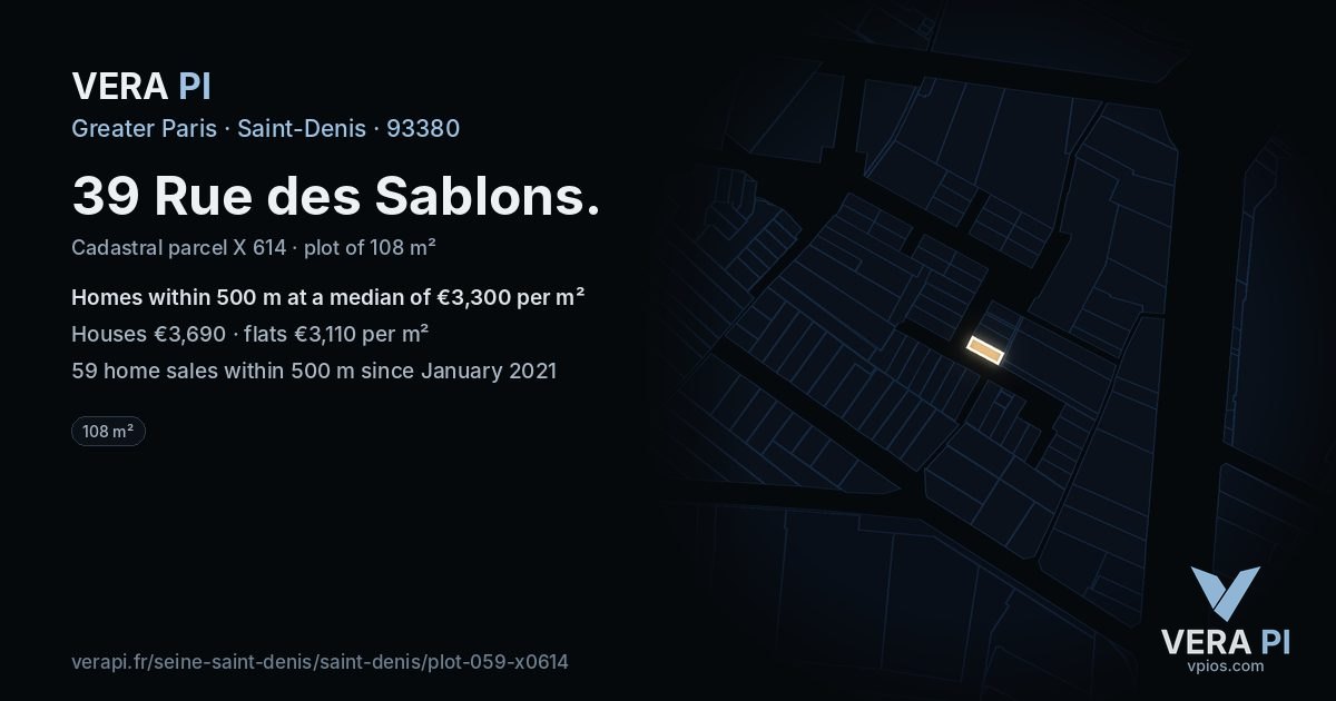 39 Rue des Sablons, Saint-Denis at night – the plot lit, the parcels around coloured by the prices near them
