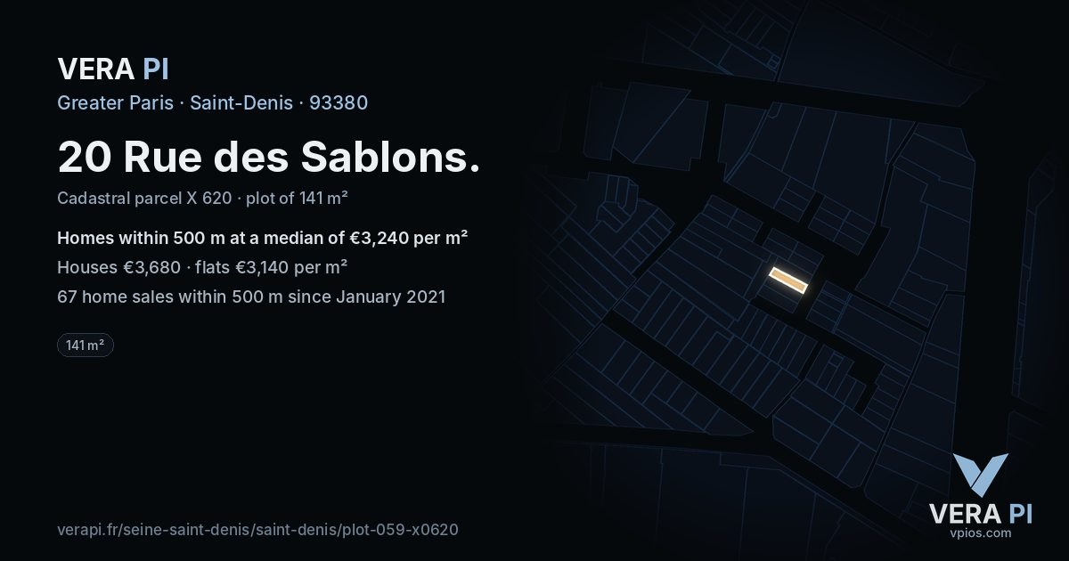 20 Rue des Sablons, Saint-Denis at night – the plot lit, the parcels around coloured by the prices near them