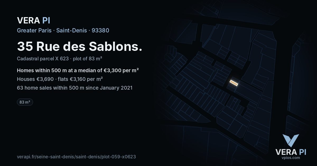 35 Rue des Sablons, Saint-Denis at night – the plot lit, the parcels around coloured by the prices near them