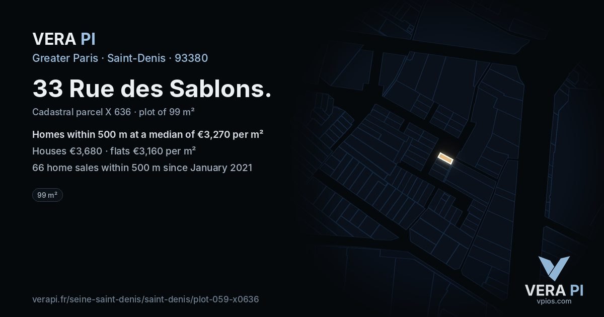 33 Rue des Sablons, Saint-Denis at night – the plot lit, the parcels around coloured by the prices near them