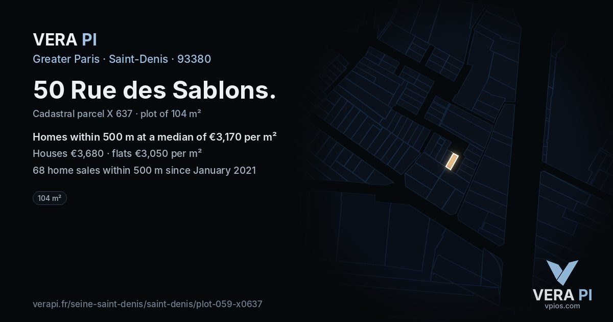 50 Rue des Sablons, Saint-Denis at night – the plot lit, the parcels around coloured by the prices near them