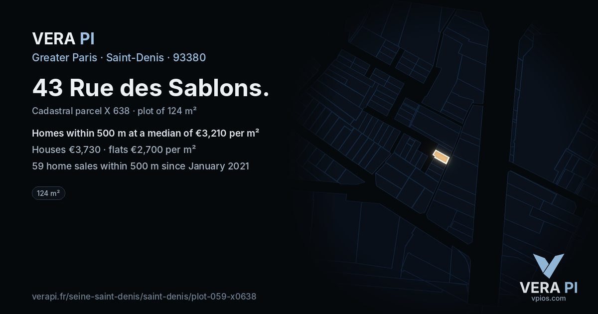 43 Rue des Sablons, Saint-Denis at night – the plot lit, the parcels around coloured by the prices near them