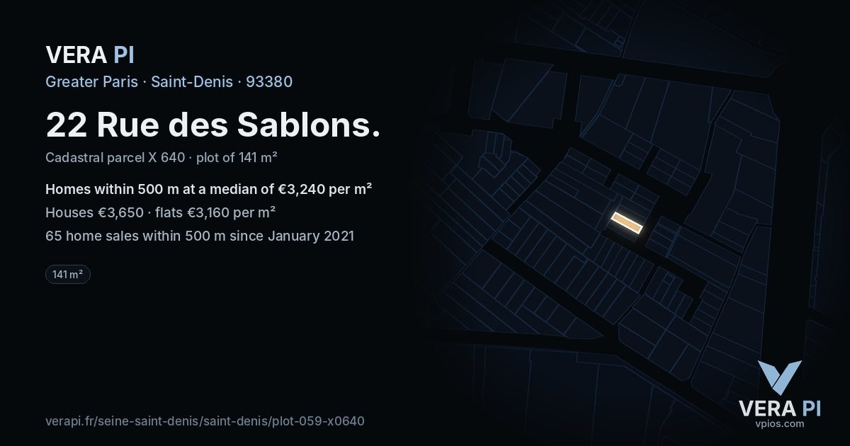22 Rue des Sablons, Saint-Denis at night – the plot lit, the parcels around coloured by the prices near them